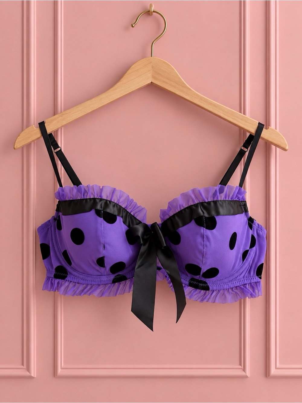 La Senza Purple Polka Dot Ruffled Bra with Black Trim  & Bow